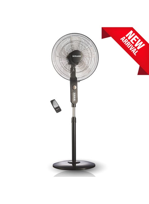 16 Inch Stand Fan - 3 Speeds With Remote Control | Low Noise Motor With Oscillation Function | Height Adjustable Design With 5 Transparent Blades | 7 Hours Timer SF-8027SR Black