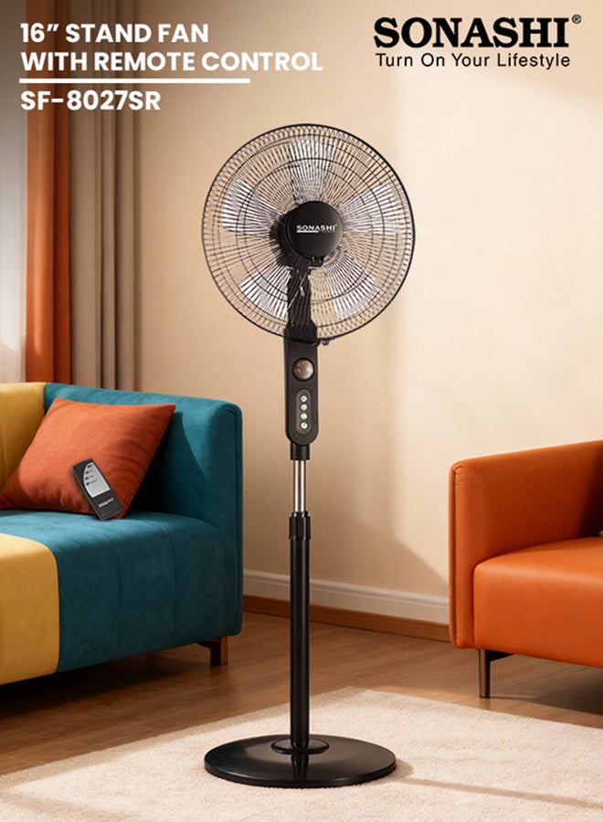 SONASHI 16 Inch Remote Control Stand / Pedestal Fan - 3 Speeds |60W| Low Noise Motor | 90 Degree Oscillation Function | Adjustable Height upto 1.15 mtr |  5 Transparent Blades | 7 Hours Timer |SF-8027SR Black SF-8027SR Black - Image 1
