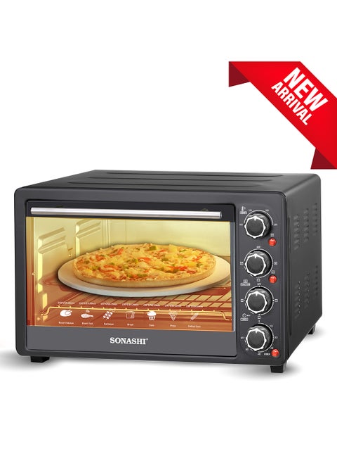 36L Electric Oven With Convection And Rotisserie Function | Perfect For Grilling, Toasting, And Roasting | 4 Knobs And Temperature 100 - 250 Degrees | 60 Minute Timer With Bell | Accessories: Bake Tray, Wire Rack, Tray Handle, Tong 1500 W STO-731 Black