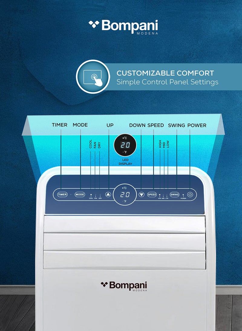 Bompani Nobel Portable Air Conditioner  1 Ton 12000 BTU with LED Display, Remote Control, Auto Swing  – BO1250 White BTU - BO1250 White - Image 4