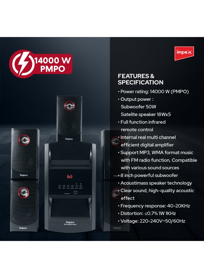 Multimedia Speaker 5.1 | 14000W (PMPO) | Subwoofer 50W & Satellite Speakers 18W x5 | Multi-Channel Digital Amplifier | MP3 & WMA Music Support | FM Radio | 8" Subwoofer | Acoustimass Technology HT5103 Black