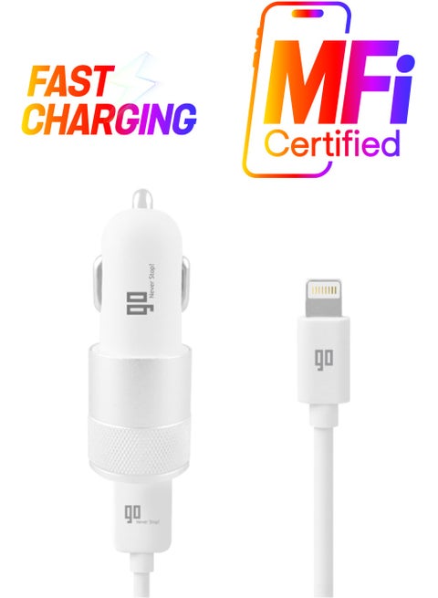 شاحن سيارة لايتنينج 3.1 أمبير مع منفذ USB إضافي أبيض