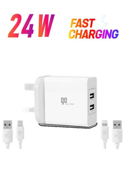 Home Charger 4.8A With Lightning And MicroUSB Cable White