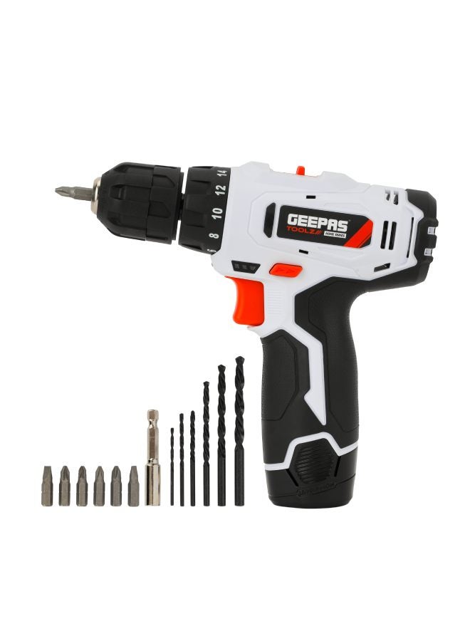 GEEPAS Cordless Percussion Drill - Hammer Function Screwdriver with 13 Pieces  Drill/ 15+1 Torque Setting Rechargeable Battery Power Adapter High & Low Speed Setting | No Speed Load 0-550RPM White/Black 9.2 x 31.8 x 24.5cm 