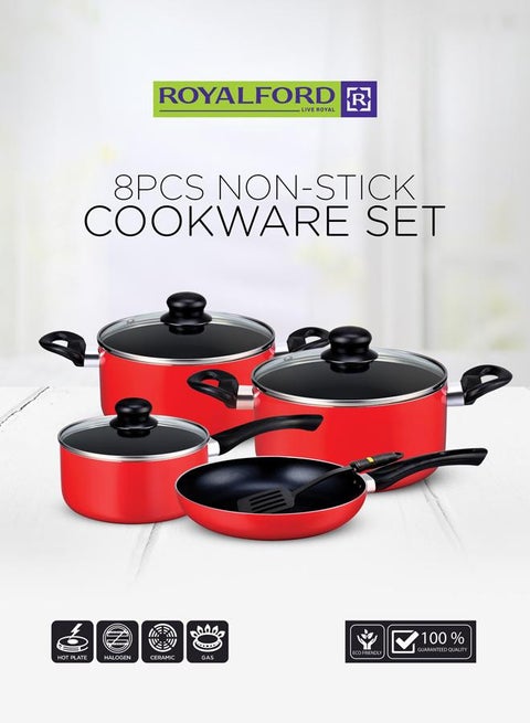 8-Piece Aluminum Scartch-Resistant Non-Stick Coated Cookware Set High-Grade Aluminium, Works With Most Hobs Cookware Set Includes 2xCaaserole With Lids, 1x Sauce Pan with Lid,  1xFrying Pan, 1xNylon turner  Red/Clear Standard, Red/Clear 53.5x15.5x31cm