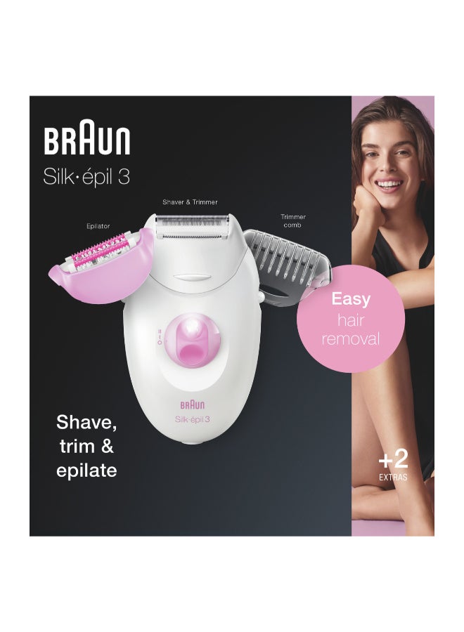 BRAUN - Silk-Epil 3 SE3270 Epilator With 2 Shaver Head White/Pink 18x6.5x19.7cm - Image 1