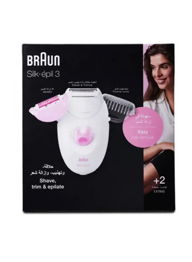 BRAUN - Silk-Epil 3 SE3270 Epilator With 2 Shaver Head White/Pink 18x6.5x19.7cm - Image 1