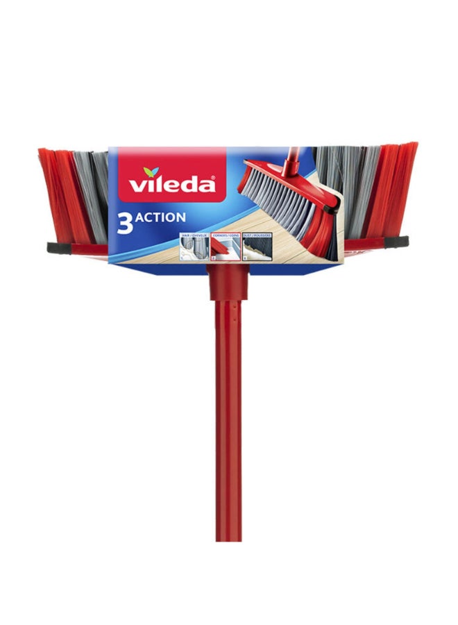 Vileda - 3 Motion Indoor Floor Broom with Stick Three Different Fiber Types Strong Bristles, Multi-Purpose Rubber Broom Light Red/Black 30 × 6 × 139cm - Image 1