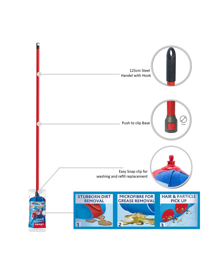 Vileda - SuperMosio 3 Action Stick Floor Mop Multi Use, Red Stain Eraser Blue Microfiber 3D Red/Blue 14 × 7 × 157cm - Image 1