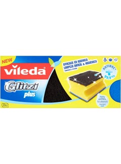 Vileda 3 Pieces Glitzi Crystal Scourer Sponge  Antibacterial Long Lasting Hygienic Blue, Black 21 cm  - Image 1