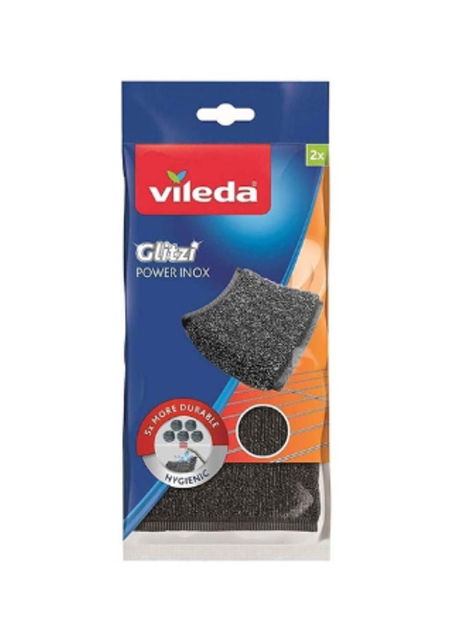 Vileda 2pcs Glitzy Power Inox Metal Scouring Pad Heavy Duty Cloth Hygienic And Effective Black 