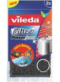 Vileda 2pcs Glitzy Power Inox Metal Scouring Pad Heavy Duty Cloth Hygienic And Effective Black  - Image 1