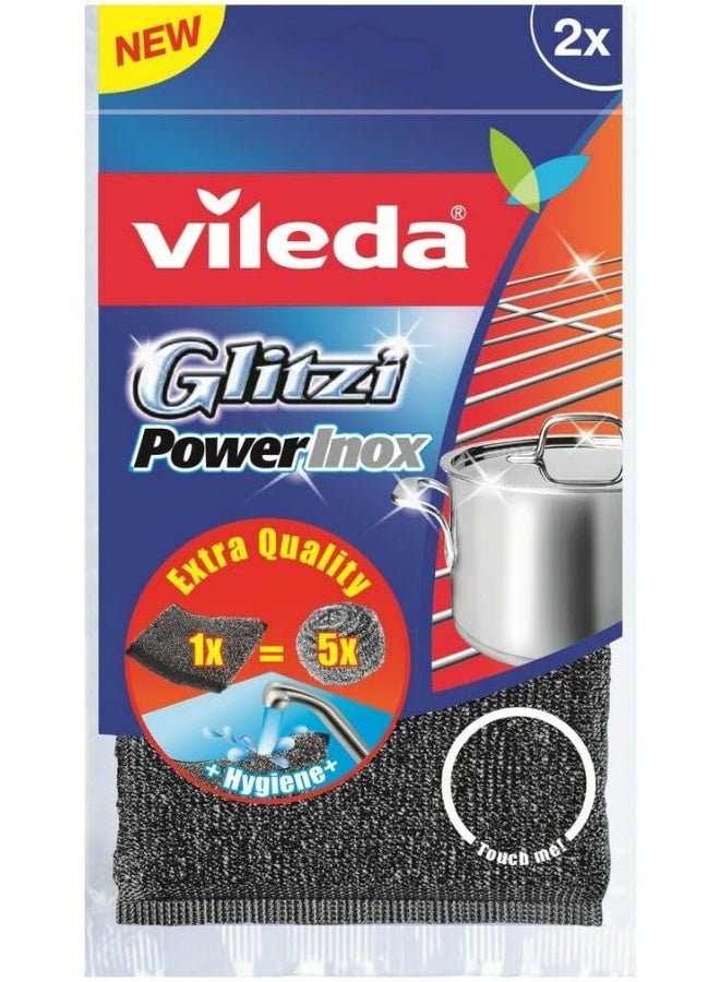 Vileda 2pcs Glitzy Power Inox Metal Scouring Pad Heavy Duty Cloth Hygienic And Effective Black  - Image 1
