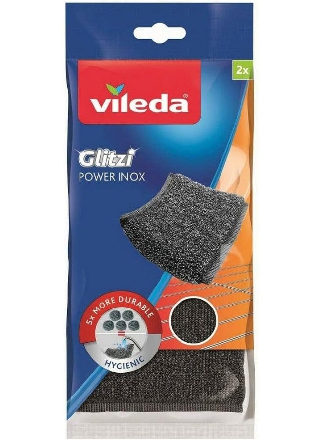 Vileda 2pcs Glitzy Power Inox Metal Scouring Pad Heavy Duty Cloth Hygienic And Effective Black  - Image 2