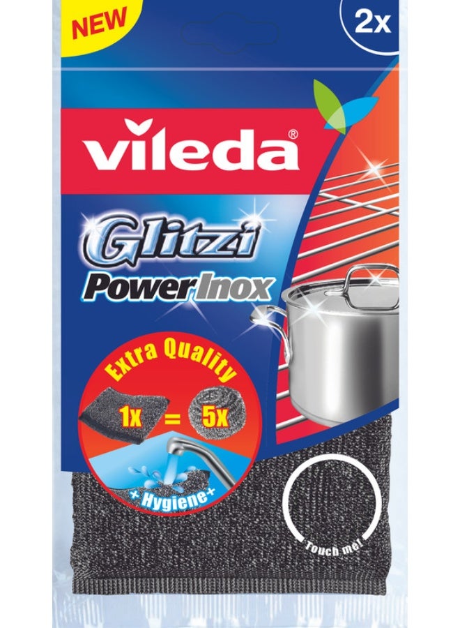Vileda Glitzi Power Inox Metallic Scouring Pad 2 Pack – Washable & Hygienic Metal Scrubber, Durable Heavy-Duty Pad for Burnt Food & Grease, Ideal for Pots, Pans, Grills & Oven Trays – Dish Sponge Black