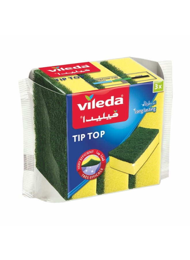 Vileda Tip Top Dishwashing Sponge, Durable Double-Sided Kitchen Sponge with Medium Foam + Strong Scourer – Pack of 3 | Ideal for dishwashing, dishes, pots, pans and kitchen surfaces, Strong Everyday Cleaning Yellow/Green