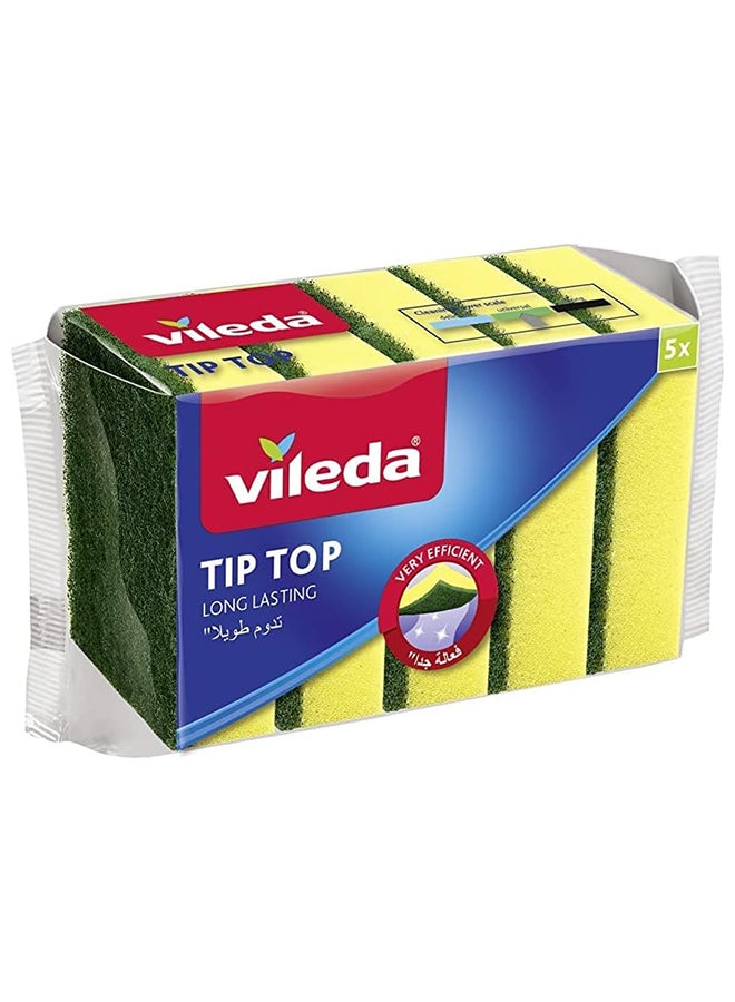 Vileda Tip Top 5 Pieces Medium Dishwashing Sponge, Long Lasting and Durable, for Sensitive Surfaces, . Yellow/Green - Image 1