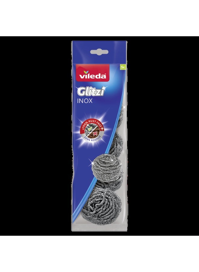 Vileda Glitzi Inox Spiral Scourer 5Pcs, Stainless Steel, Anti-Burn Cleaning, Long-Lasting, Ergonomic Design (5 Pcs Per Pack) metallic - Image 1