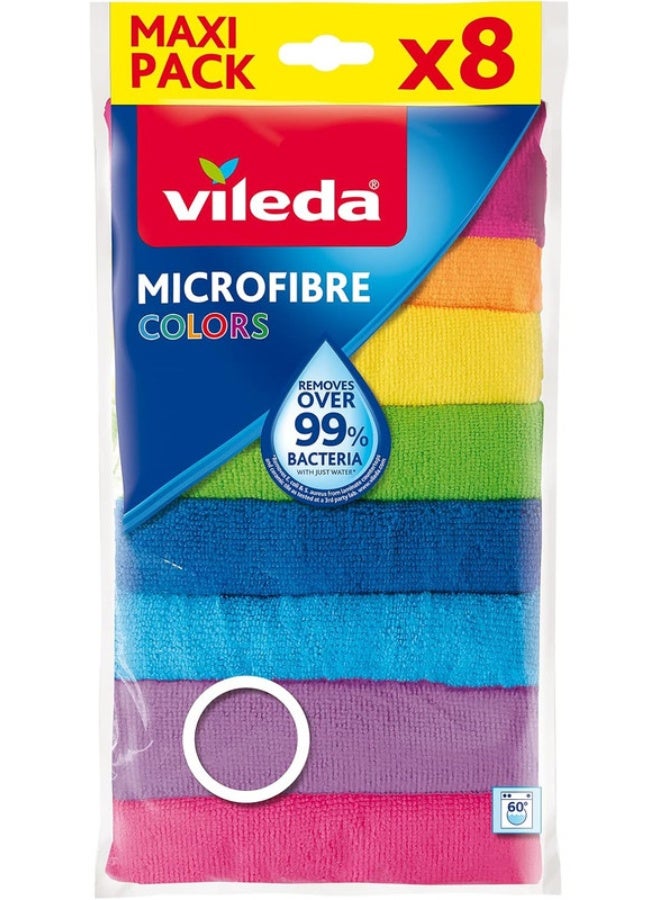 Vileda Microfibre Colors Multi-Purpose Cloth – 8 Pieces, Wet & Dry Cleaning, Super Absorbent Microfiber Cloths for Dusting, Wiping & Polishing, Reusable Household Cleaning Multicolour 30x30cm