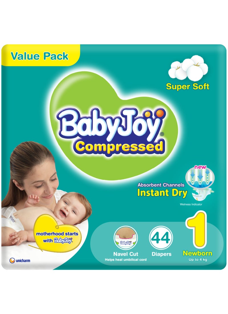 BabyJoy Compressed Diamond Pad Diaper, Size 1, Newborn, 0-4 Kg, Value Pack, 44 Diapers  - Image 1