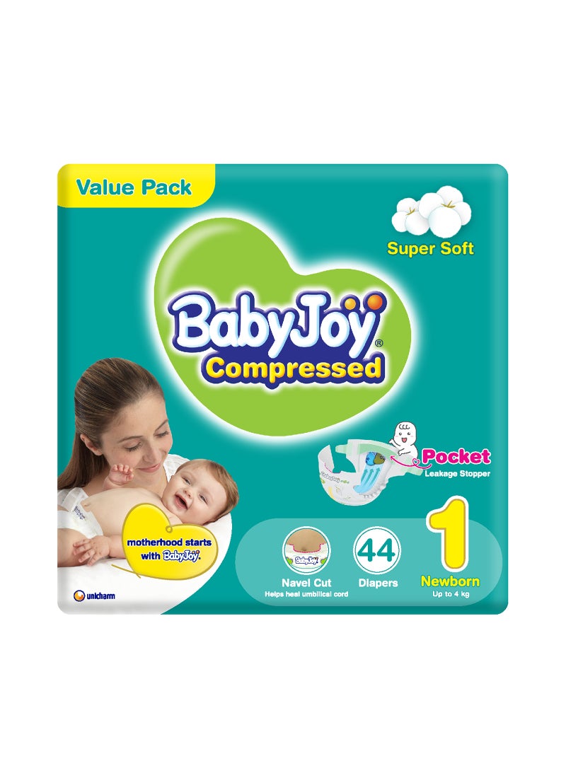 بيبي جوي حفاضات بحشوة ماسية مضغوطة، مقاس 1 مولود جديد، لوزن حتى 4 كجم، عبوة اقتصادية من 44 حفاضة - Image 1
