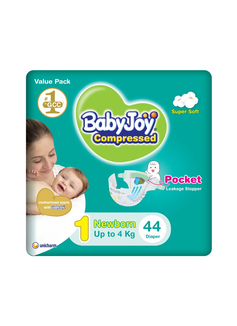 BabyJoy Compressed Diamond Pad Diaper, Size 1, Newborn, 0-4 Kg, Value Pack, 44 Diapers - Image 1
