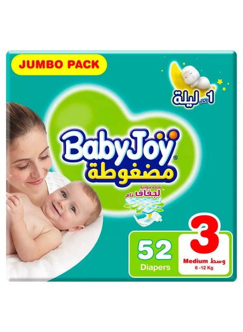 Compressed Diamond Pad Diaper, Size 3, Medium, 6-12 Kg, Jumbo Pack, 52 Diapers