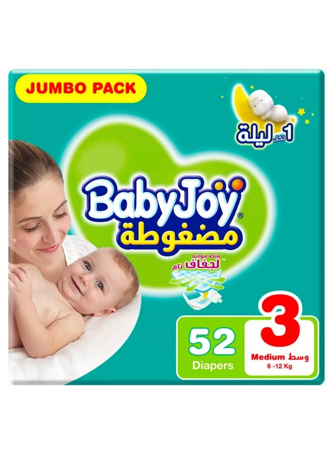 BabyJoy Compressed Diamond Pad Diaper, Size 3, Medium, 6-12 Kg, Jumbo Pack, 52 Diapers  - Image 1
