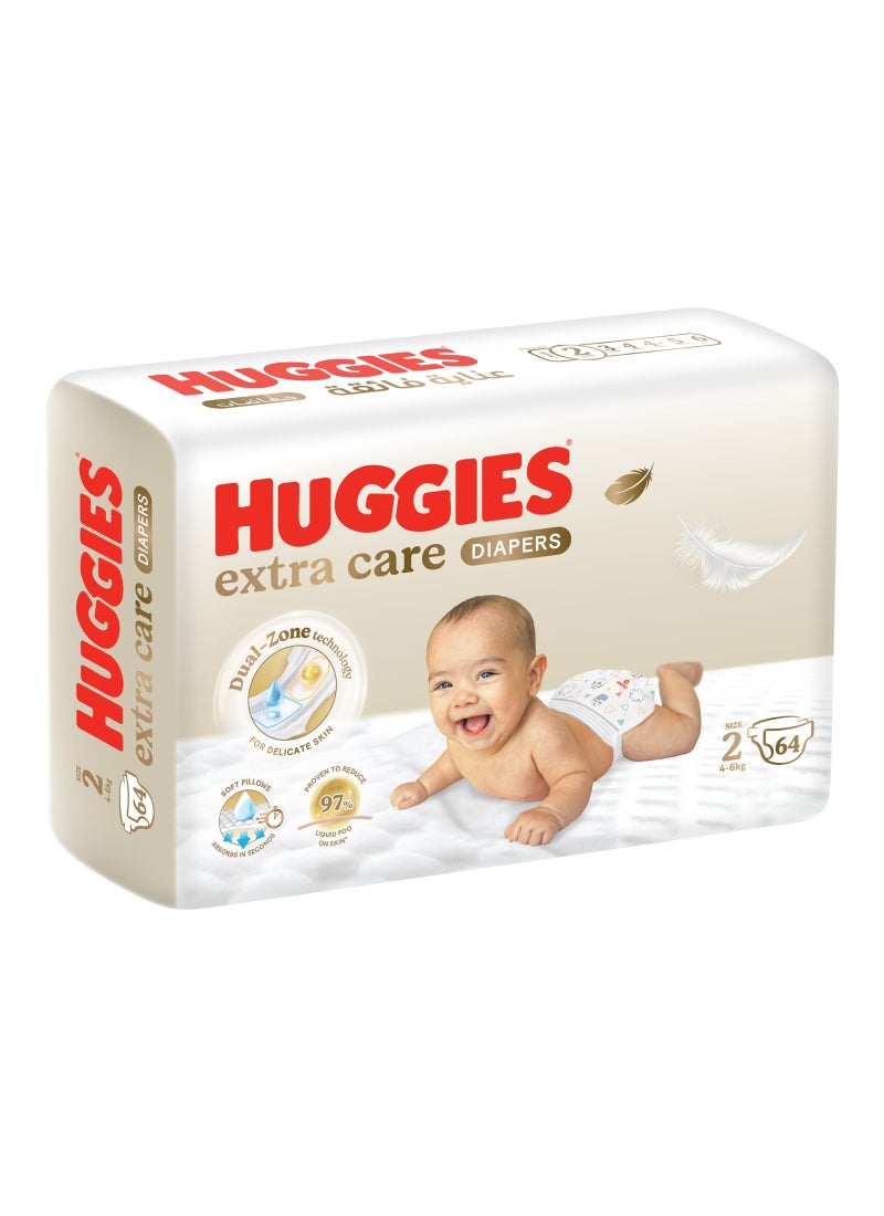HUGGIES Extra Care Newborn Diapers, Disposable Diapers Size 2, 4 - 6 kg, Jumbo Pack of 64 Diapers - Image 1
