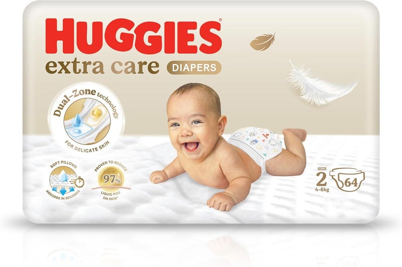 Huggies Extra Care Newborn Diapers, Size 2 (4 - 6 kg), Jumbo Pack of 64 Diapers, Dual Zone Technology for Delicate Skin, Wetness Indicator, Day & Night Protection - Image 2