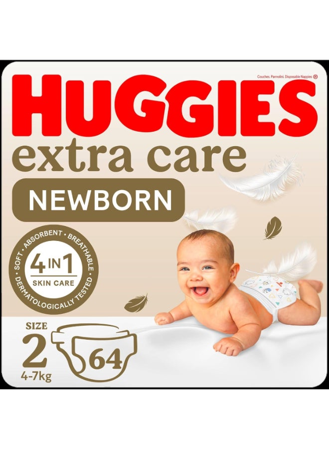 Huggies Extra Care Newborn Diapers, Size 2 (4 - 6 kg), Jumbo Pack of 64 Diapers, Dual Zone Technology for Delicate Skin, Wetness Indicator, Day & Night Protection