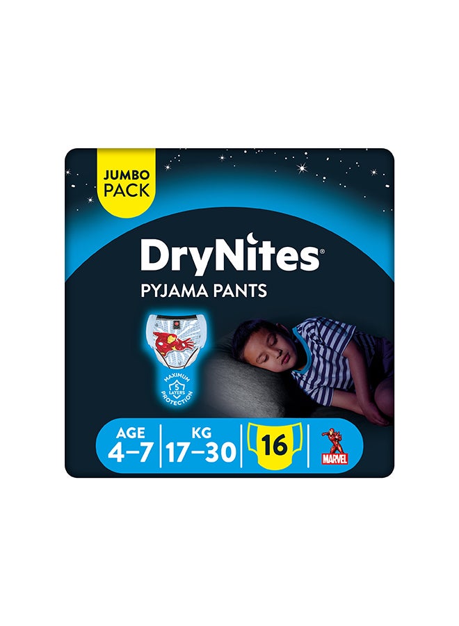 Huggies - DryNites Pyjama Pants, 4-7 years, Bed Wetting Diaper, Boys, 17-30 kg, Value Pack, 16 Pants - Image 1