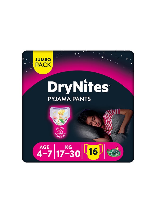 Huggies - DryNites Pyjama Pants, 4-7 years, Bed Wetting Diaper, Girls, 17-30 kg, Value Pack, 16 Pants - Image 1