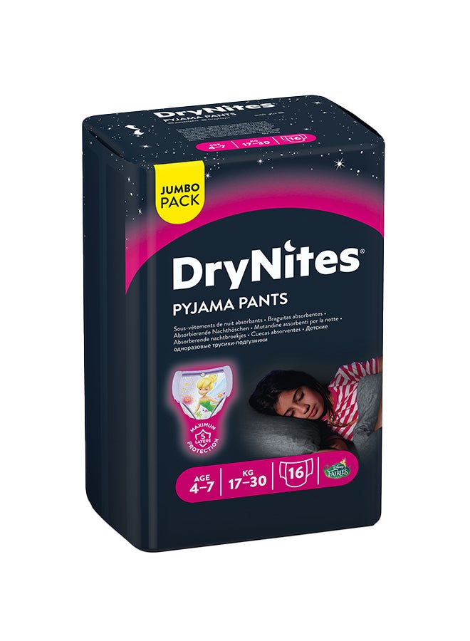 Huggies - DryNites Pyjama Pants, 4-7 years, Bed Wetting Diaper, Girls, 17-30 kg, Value Pack, 16 Pants - Image 1
