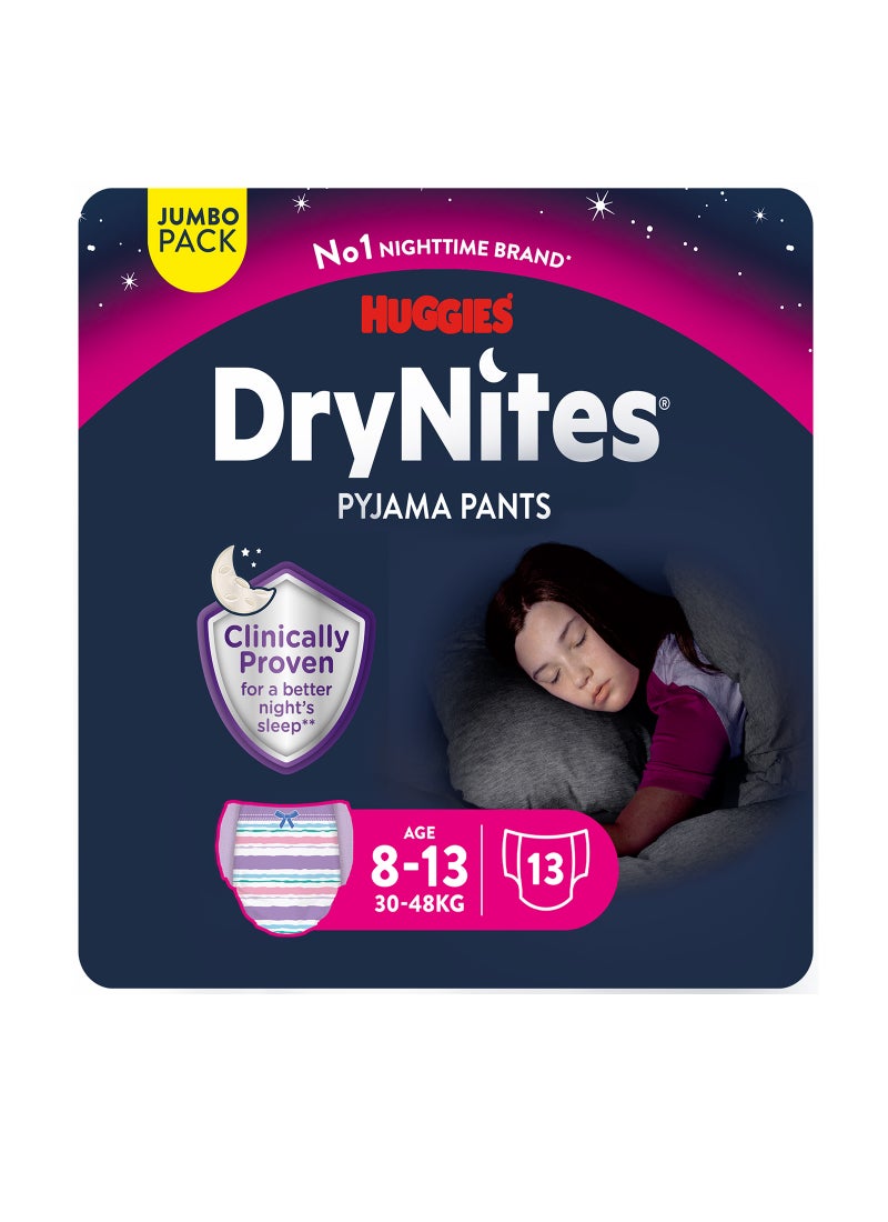 Huggies DryNites Pyjama Pants, 8-13 years, Bed Wetting Diaper, Girl, 30-48 kg, Jumbo Pack, 13 Pants  - Image 1