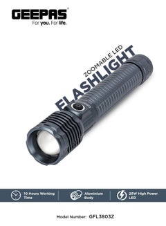 GEEPAS Zoomable LED Flashlight with 25W High Power LED, Aircraft-Grade Aluminum Body, Type-C Charging Grey 287mm  - Image 1