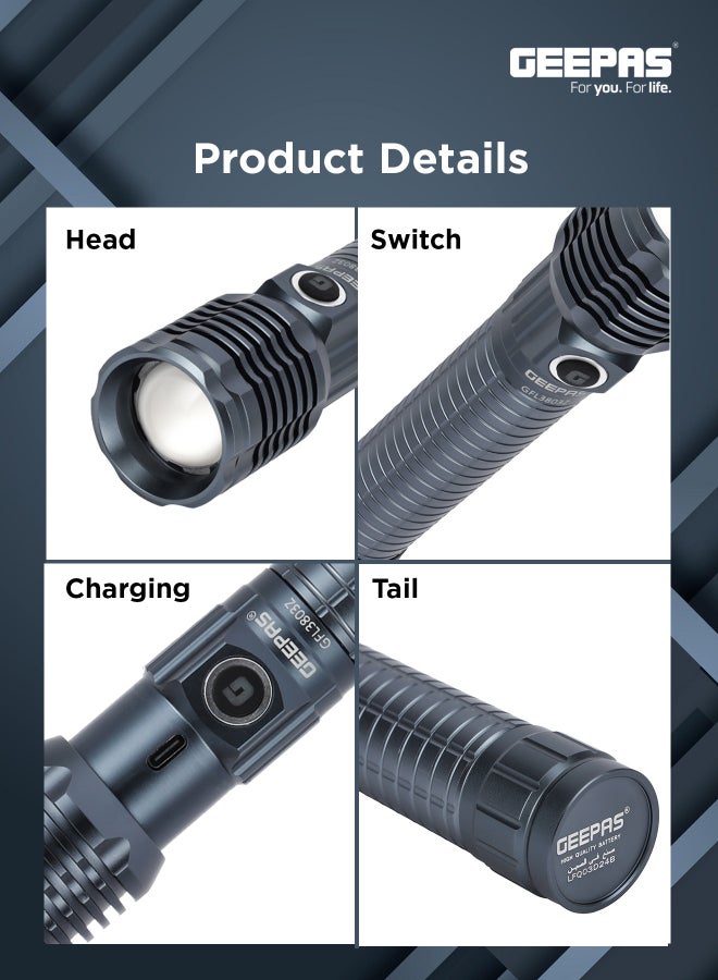 GEEPAS - Zoomable LED Flashlight with 25W High Power LED, Aircraft-Grade Aluminum Body, Type-C Charging Grey 287mm - Image 1