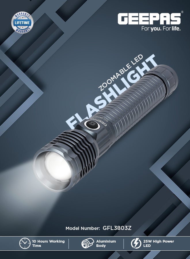 GEEPAS Zoomable LED Flashlight with 25W High Power LED, Aircraft-Grade Aluminum Body, Type-C Charging Grey 287mm  - Image 2
