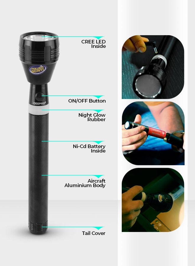 GEEPAS 3-in-1 Rechargeable LED Flashlight CREE LED Aluminum Body with Li ion Battery GFL4622N Black 26.5cm - Image 2