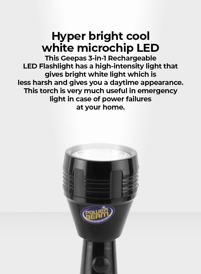 GEEPAS 3-in-1 Rechargeable LED Flashlight CREE LED Aluminum Body with Li ion Battery GFL4622N Black 26.5cm - Image 3