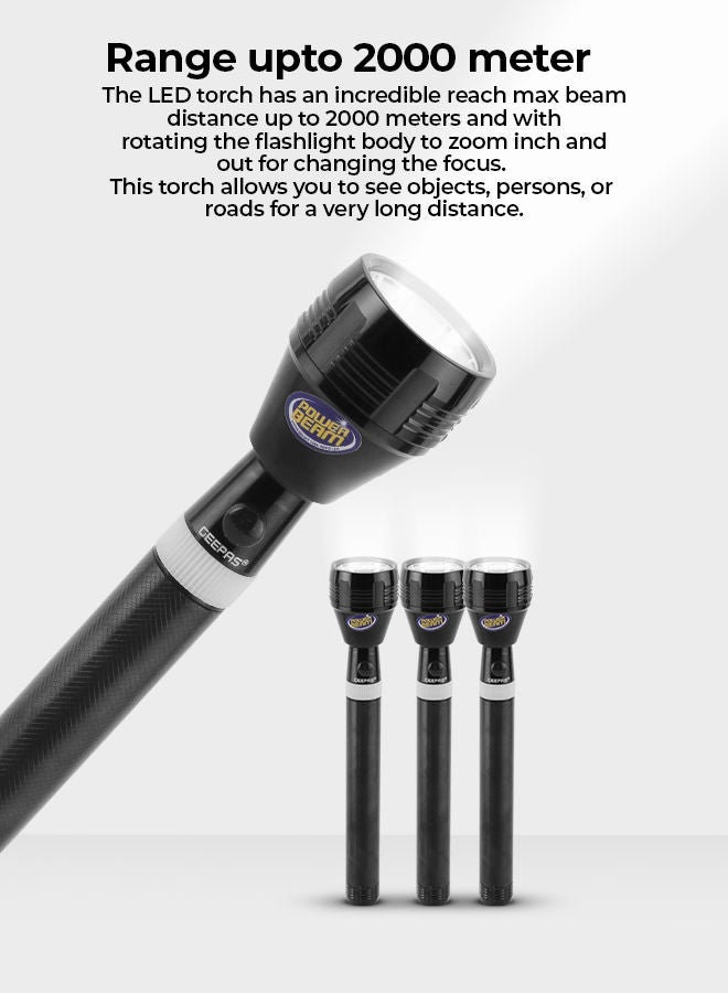 GEEPAS 3-in-1 Rechargeable LED Flashlight CREE LED Aluminum Body with Li ion Battery GFL4622N Black 26.5cm - Image 1