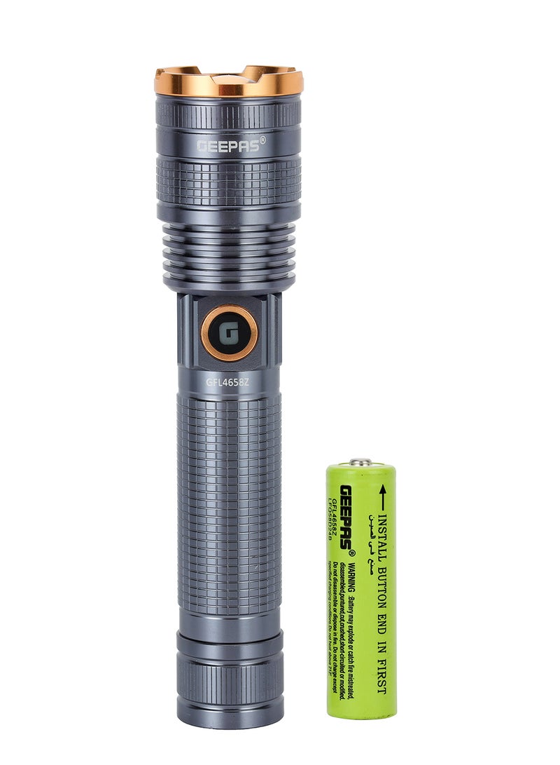 GEEPAS Zoomable 3 IN 1 Family Pack Rechargeable LED Flashlight| Aluminium Alloy Body | 15 W High Power LED | Type C Charging Li-ion 4000 mAh Battery| 6 Hrs working time GFL4658 Black 20cm  - Image 2