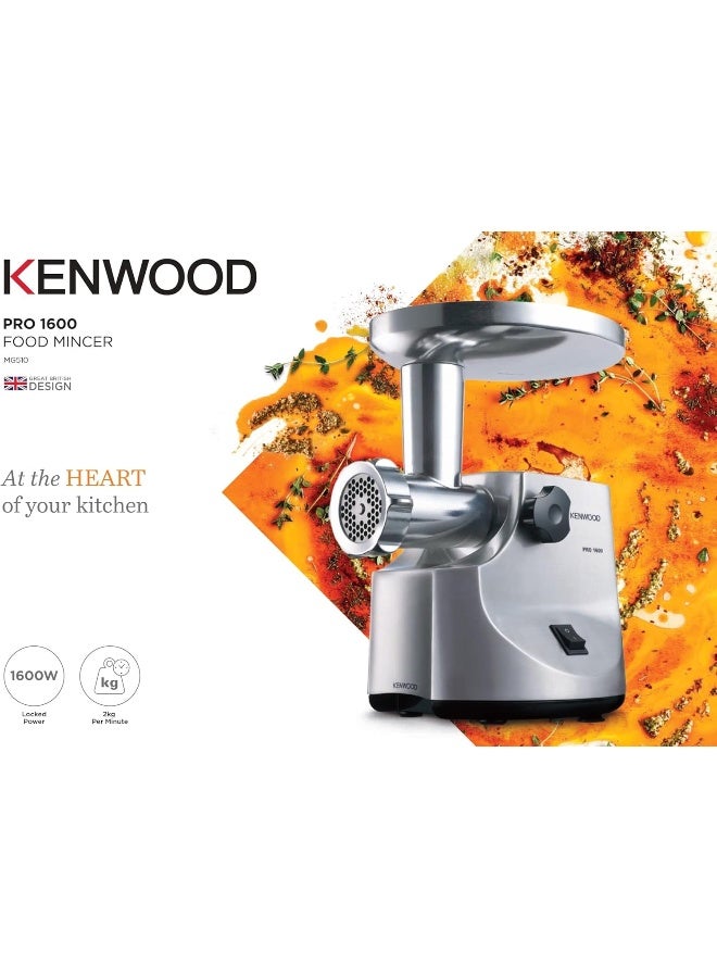 KENWOOD - Meat Grinder, 1.0Kg Per Minute, Metal Body, Meat Mincer, 3 Stainless Steel Mincer Screens, Kibbeh Maker, Sausage Maker, Feed Tube Pusher, Reverse Function, 1600 W MG510 Silver/Black - Image 1