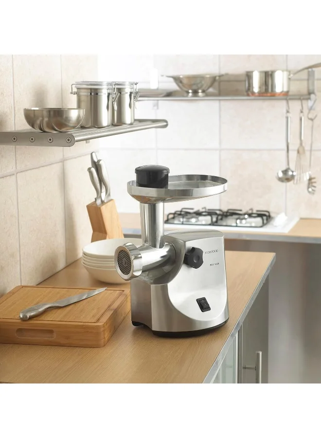 KENWOOD Meat Grinder, 2Kg Per Minute, Metal Body, Meat Mincer, 3 Stainless Steel Mincer Screens, Kibbeh Maker, Sausage Maker, Feed Tube Pusher, Reverse Function, 2 kg 1600 W MG510 Silver/Black