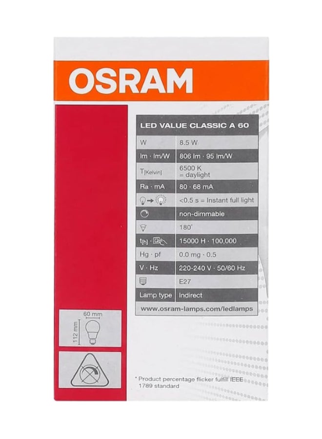 OSRAM LED Value Classic A60 B22 Bulb 9.5W 220-240V 806lm Cool White | Energy-Saving LED Light Cool White - Image 2