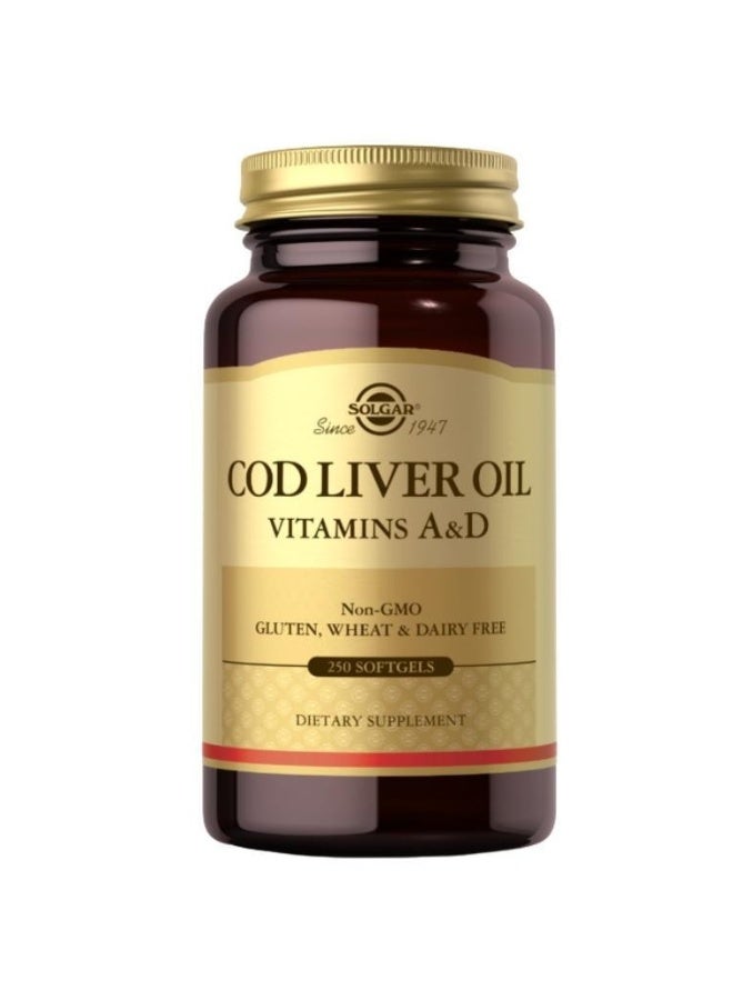 Solgar Cod Liver Oil, Vitamins A And D, 250 Softgels - Image 1