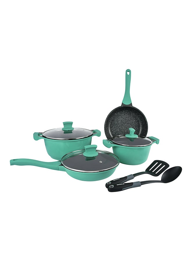 Winsor 9-Piece Cast Aluminum Granite Non-Stick Cookware Set Includes 2x Casserole With Lid 20 cm, 26cm, Fry Pan 24 cm , Sauté Pan 24 cm With Lid, 1x Spatula, Turners Turquoise  - Image 1