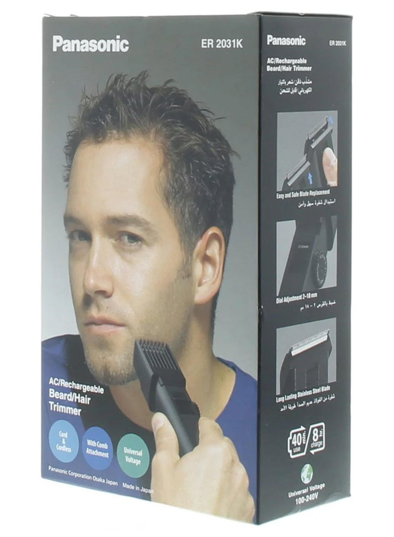 Panasonic Men's Beard & Body Hair Trimmer,12 Cutting Lengths, 8 Hours Full Charge,40 Min Use, Made In Japan Rechargeable Stainless Steel Blade - ER2031K Black - Image 1