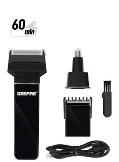 GEEPAS 3-In-1 Rechargeable Hair, Beard Trimmer, Cordless, 8 Hours Charging, Use For 60 Minutes, Changeable Heads, Hair Clipper, Nose Trimmer Attachments, Lightweight And Portable Design Black  - Image 1