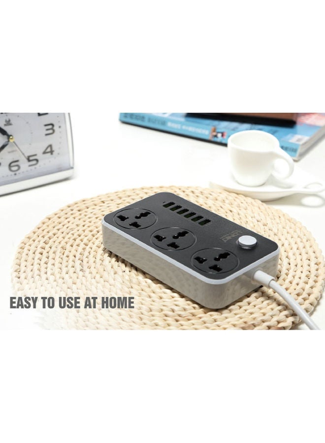 إل دينو - وصلة تمديد كهربائية تناسب جميع الأجهزة ب3 منافذ طاقة و6 منافذ USB أسود/ رمادي - Image 1